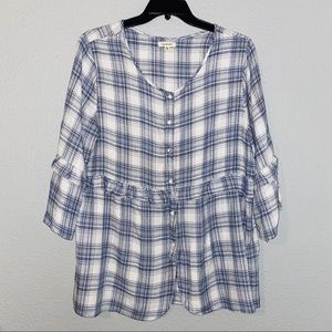 Max studio blue plaid ruffle sleeve top xl new